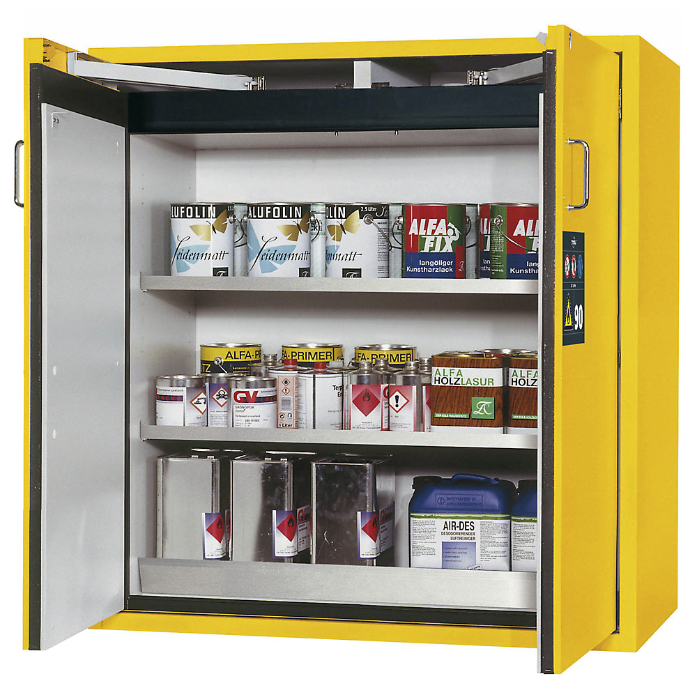 asecos Fire resistant hazardous goods storage cupboard, type 90, 2 door, external HxWxD 1298 x 1200 x 615 mm, yellow, stainless steel