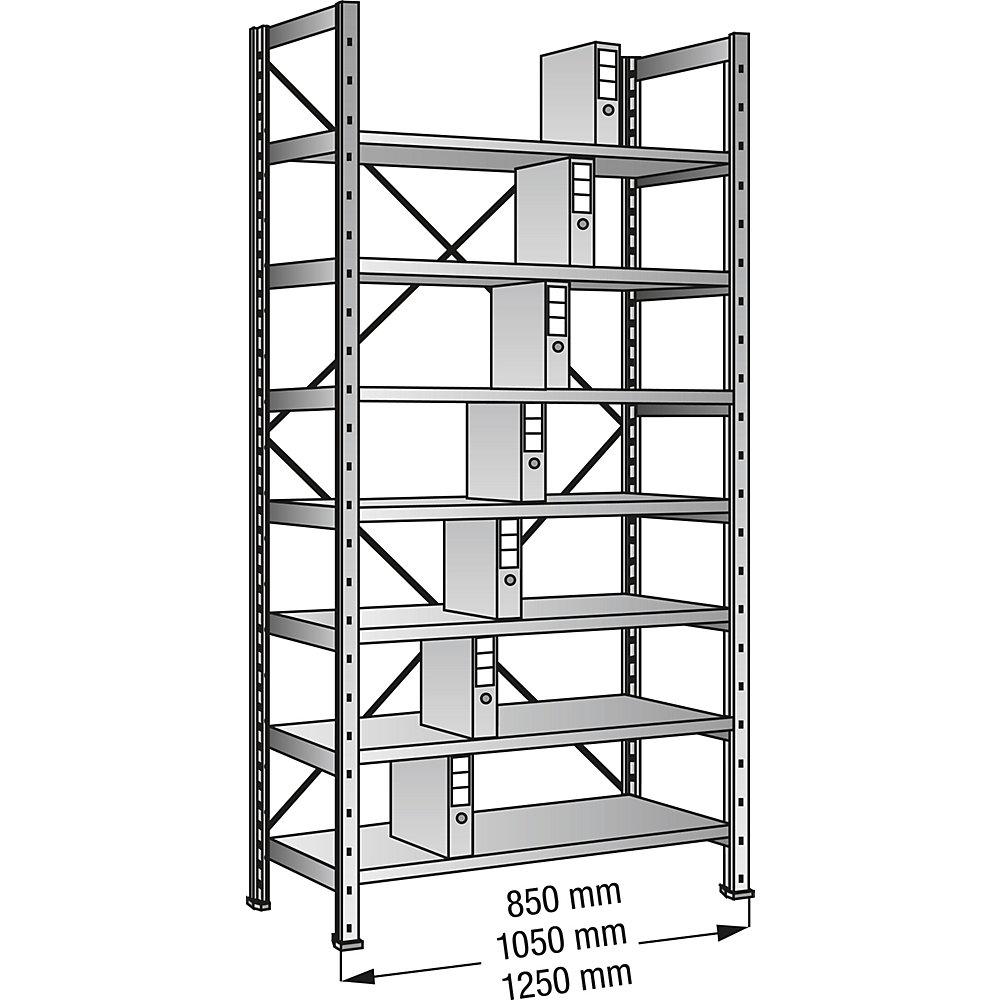 Boltless shelving units for files and archives, zinc plated, height 2640 mm, single sided, shelf WxD 800 x 300 mm, standard shelf unit