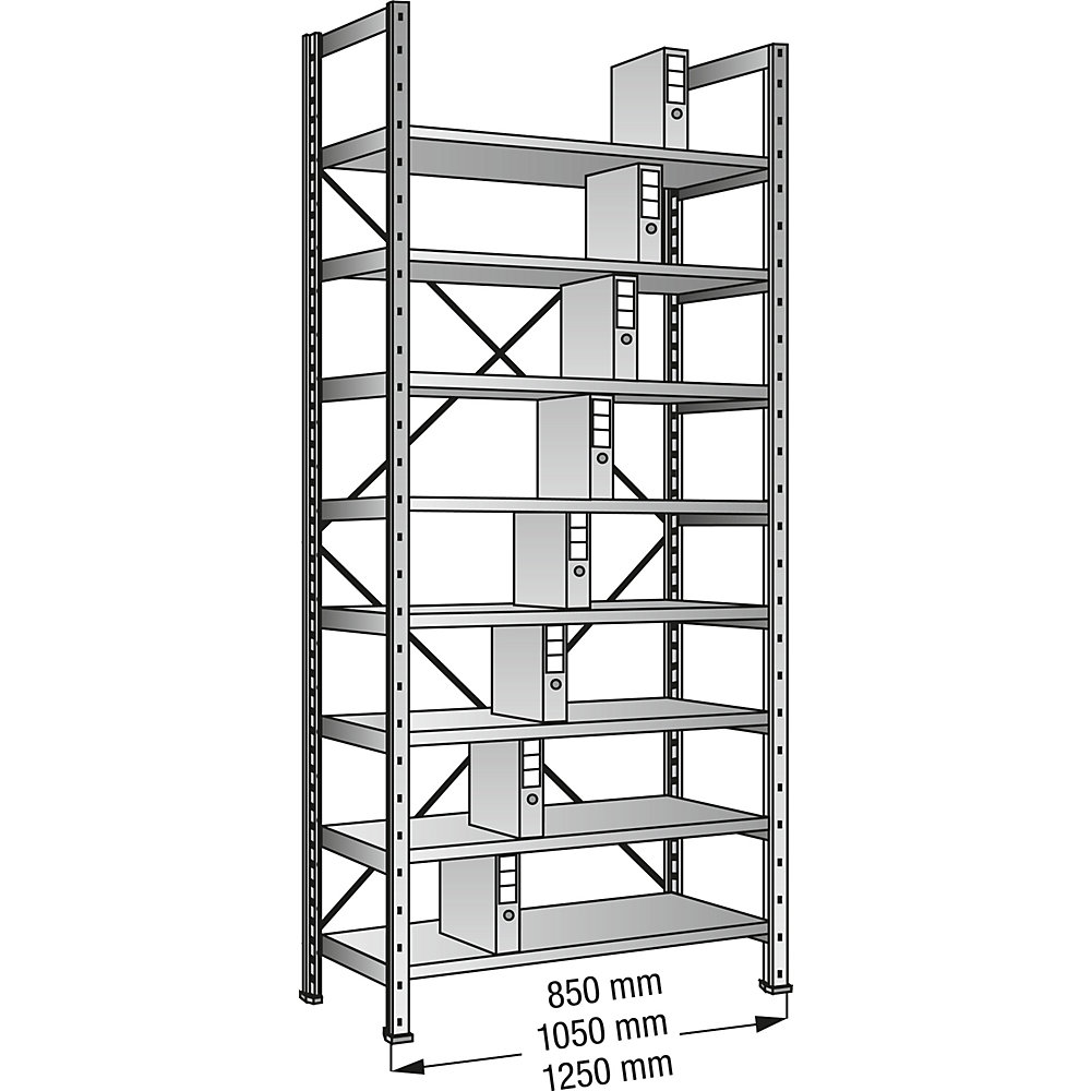 Boltless shelving units for files and archives, zinc plated, height 3000 mm, single sided, shelf WxD 800 x 300 mm, standard shelf unit
