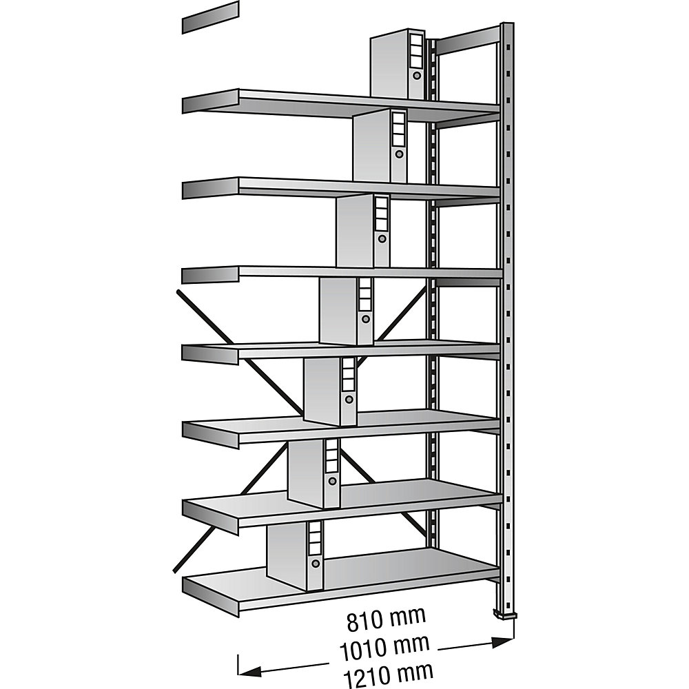 Boltless shelving units for files and archives, zinc plated, height 2640 mm, single sided, shelf WxD 800 x 300 mm, extension shelf unit