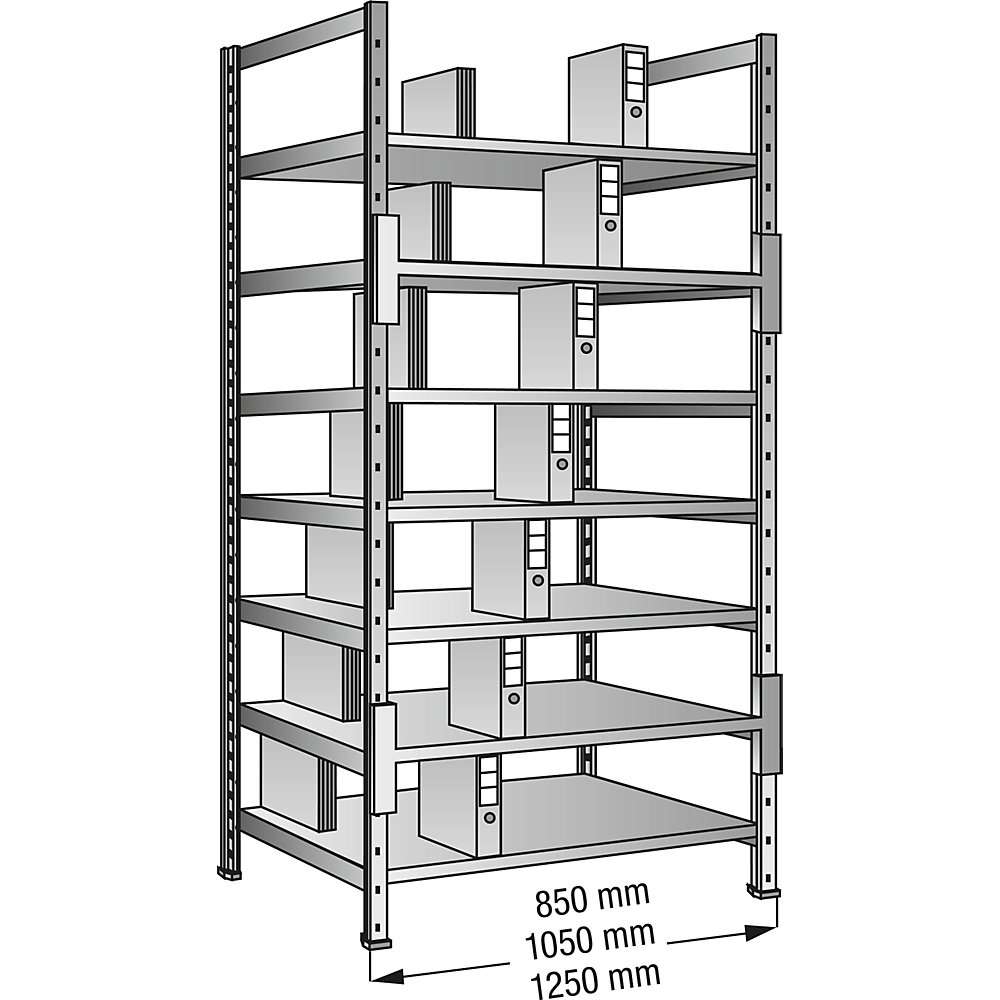 Boltless shelving units for files and archives, zinc plated, height 2640 mm, double sided, shelf WxD 800 x 600 mm, standard shelf unit