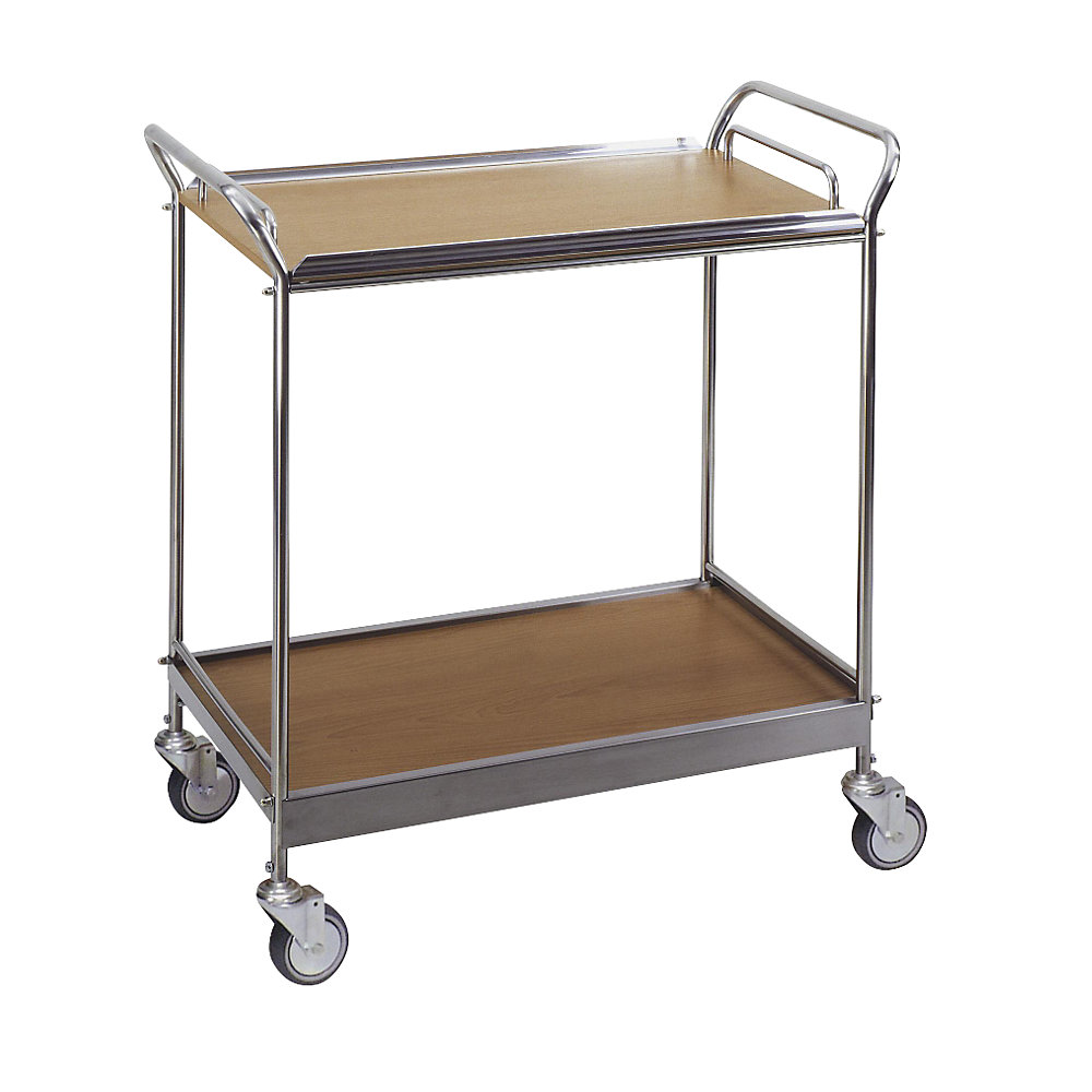 Serving trolley with 2 shelves, removable tray, LxWxH 770 x 370 x 860 mm, stainless steel / beech finish