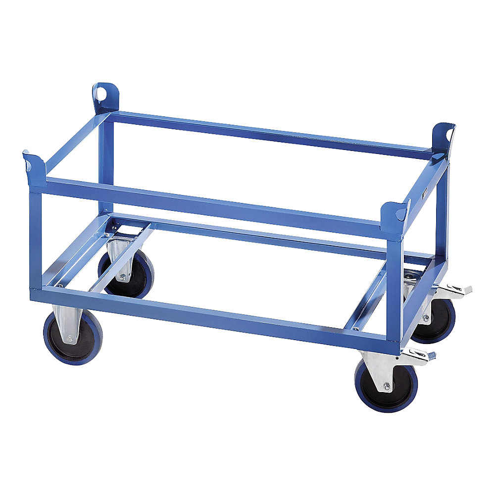 EUROKRAFTpro Steel wheeled base, for Euro pallets, max. load 1000 kg, loading height 650 mm, blue