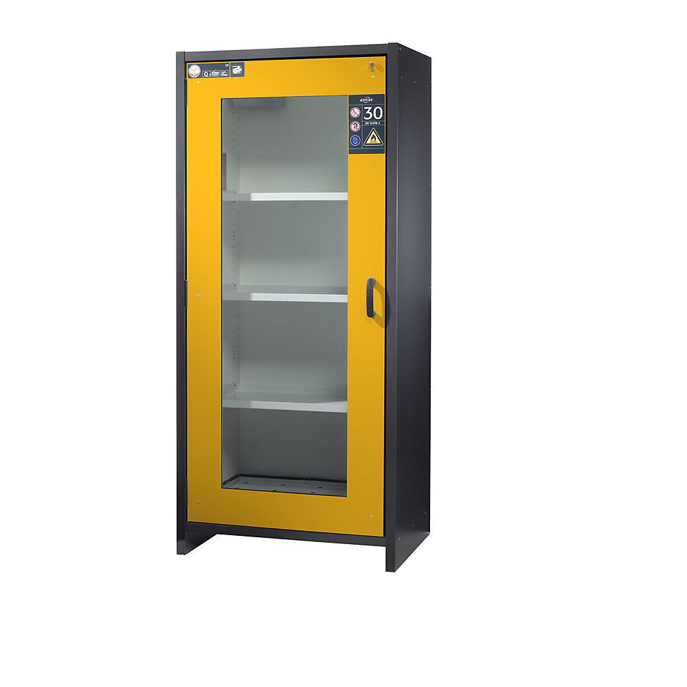 asecos Fire resistant hazardous goods cupboard, type 30, type 30, 1-door, 226 kg, with vision panel doors, golden yellow door
