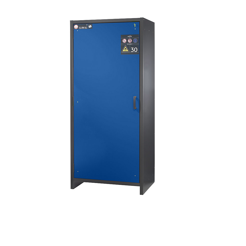 asecos Fire resistant hazardous goods cupboard, type 30, type 30, 1-door, 208 kg, with sheet steel doors, gentian blue door