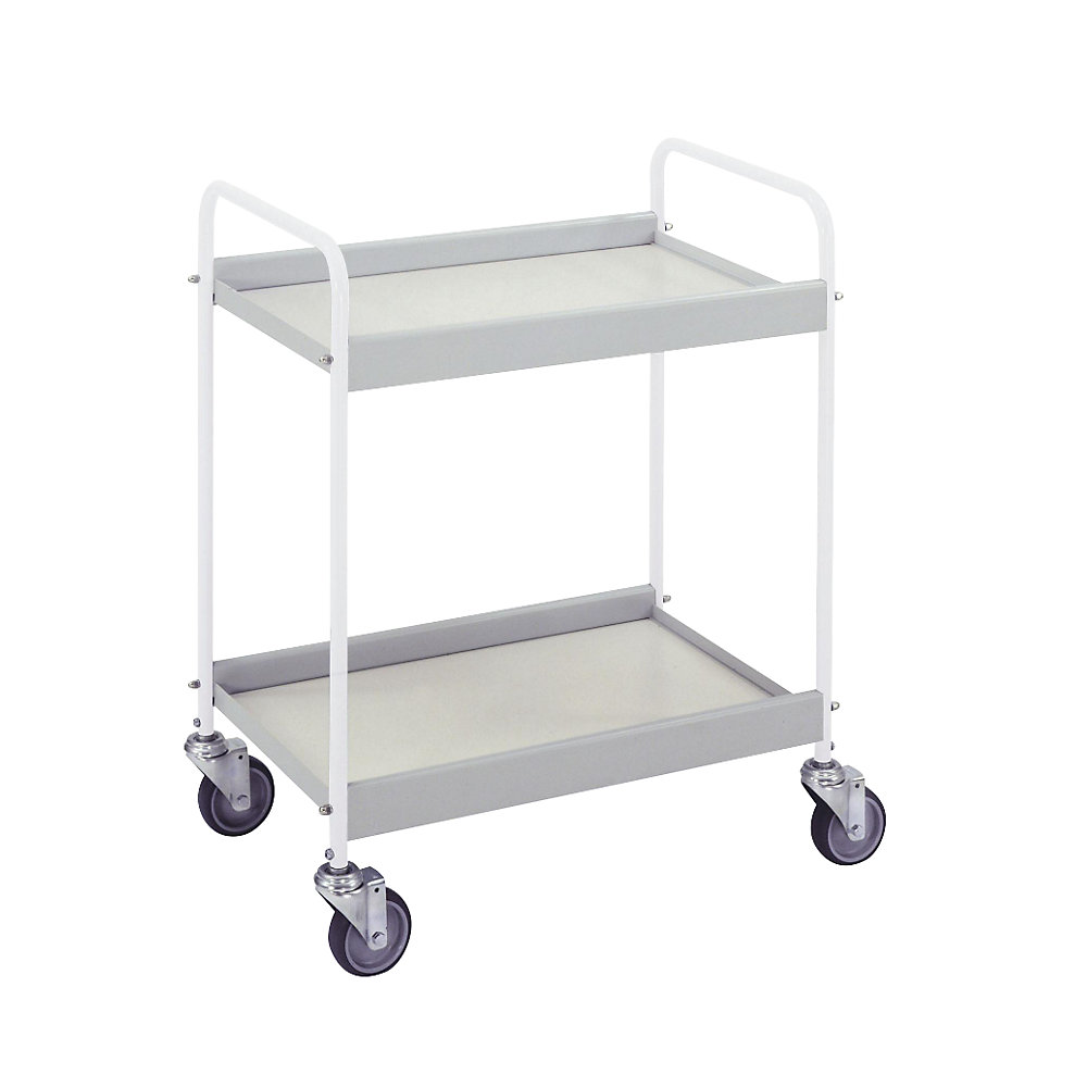 Table trolley, powder coated tubular steel, max. load 40 kg, 2 shelves, pure white RAL 9010, 4 swivel castors, 2 with double stops