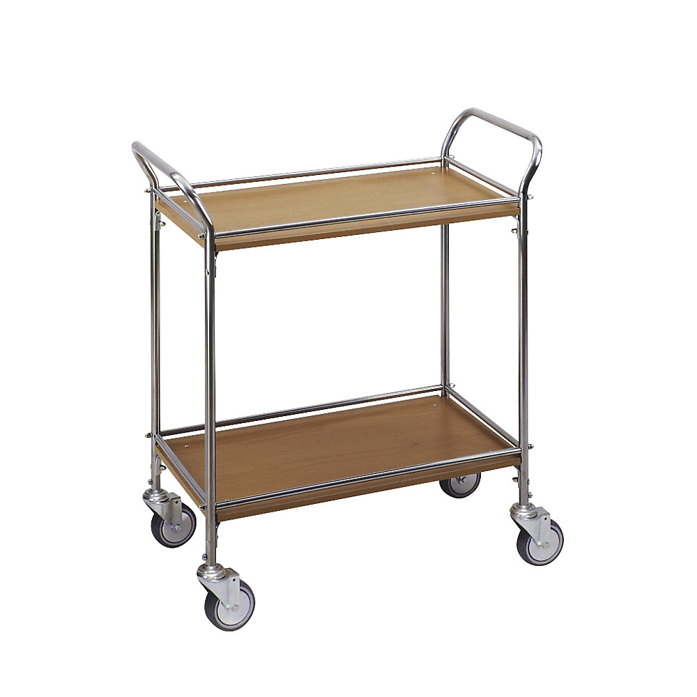 Serving trolley in stainless steel / wood finish, with 2 shelves, beech finish