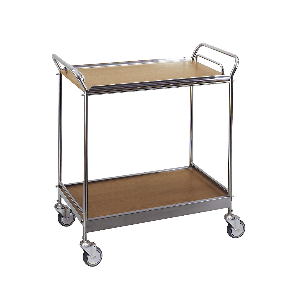 Serving trolley with 2 shelves, removable tray, LxWxH 880 x 460 x 930 mm, stainless steel / beech finish
