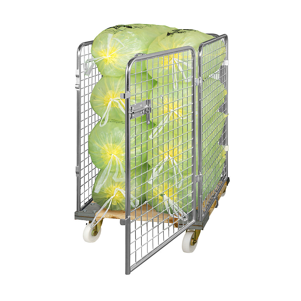 Roll-conteneur grillagé avec socle roulant en bois