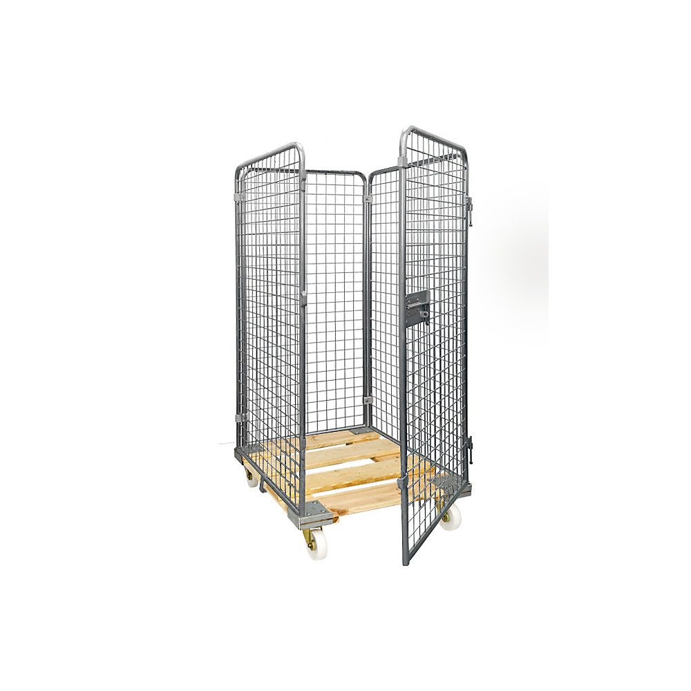 Roll-conteneur grillagé avec socle roulant en bois