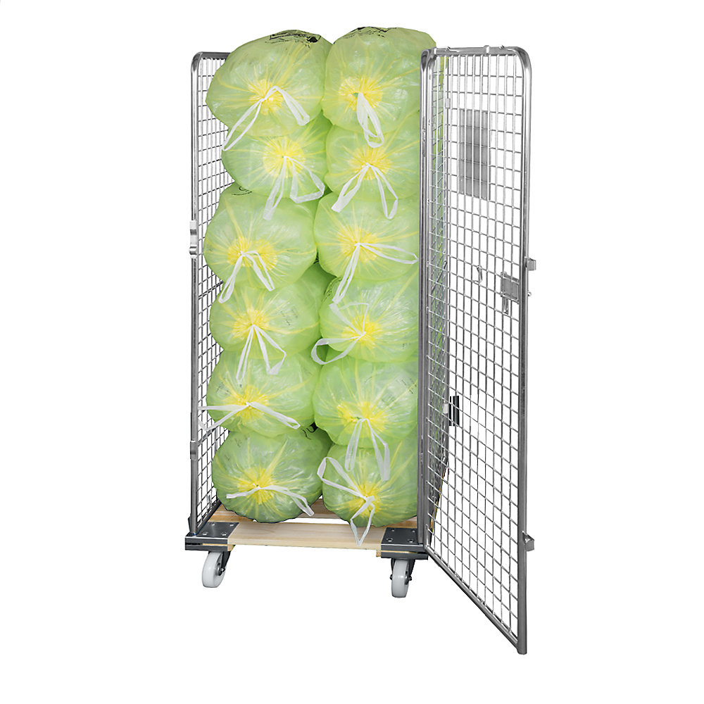 Roll-conteneur grillagé avec socle roulant en bois