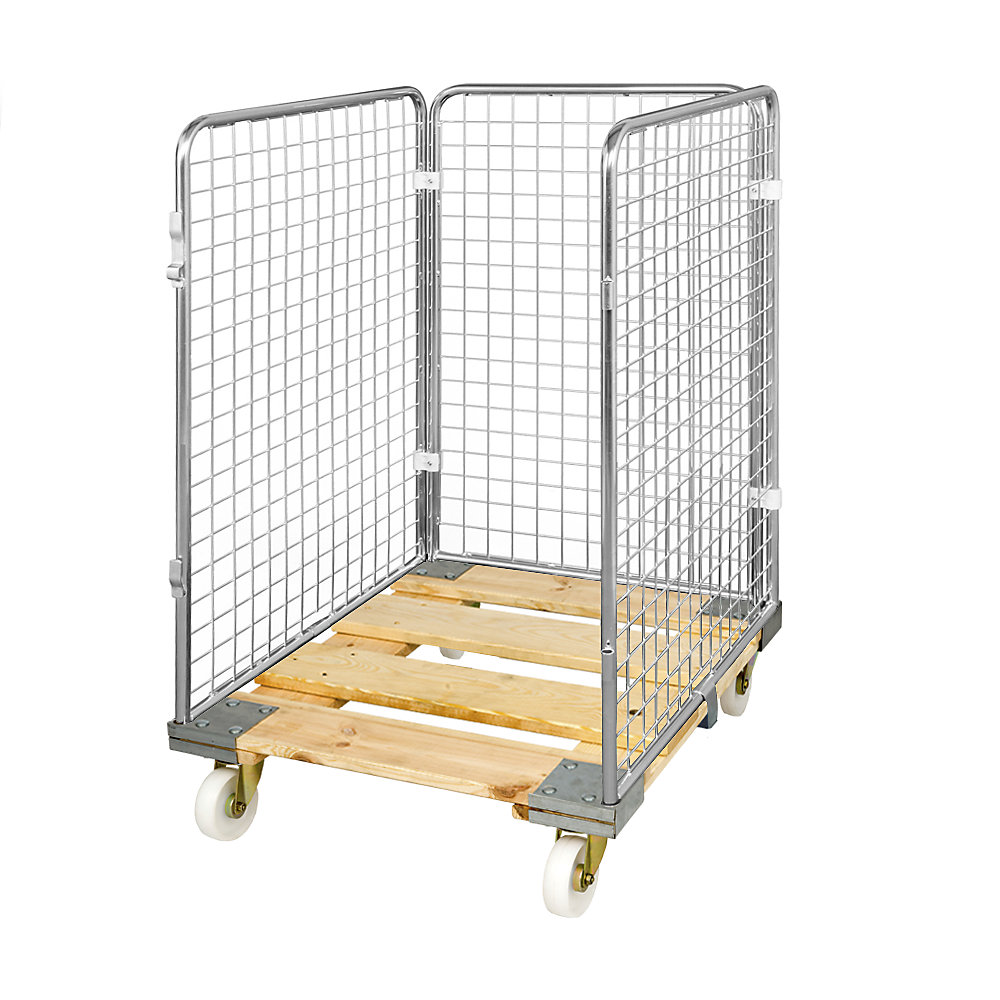 Roll-conteneur grillagé avec socle roulant en bois