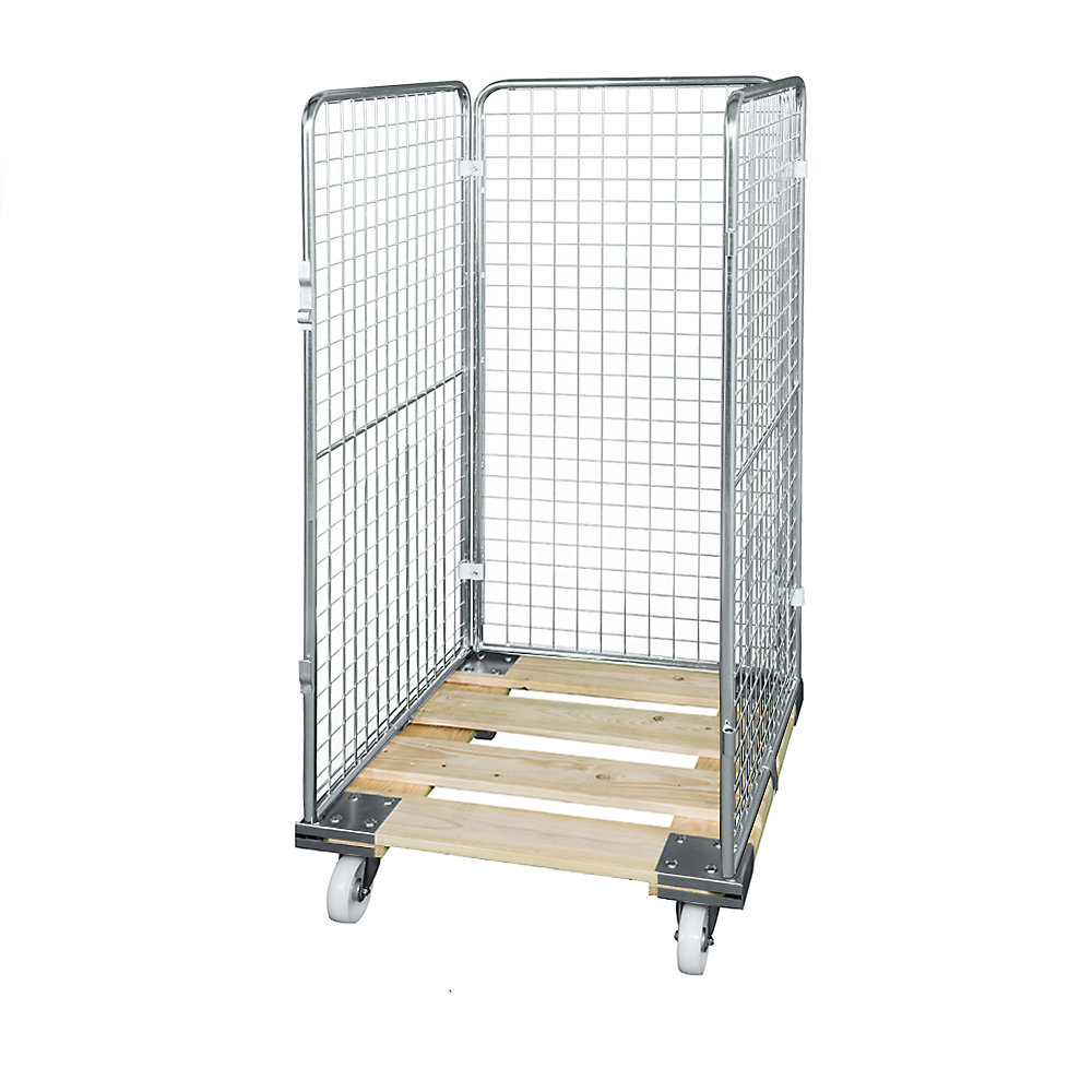 Roll-conteneur grillagé avec socle roulant en bois