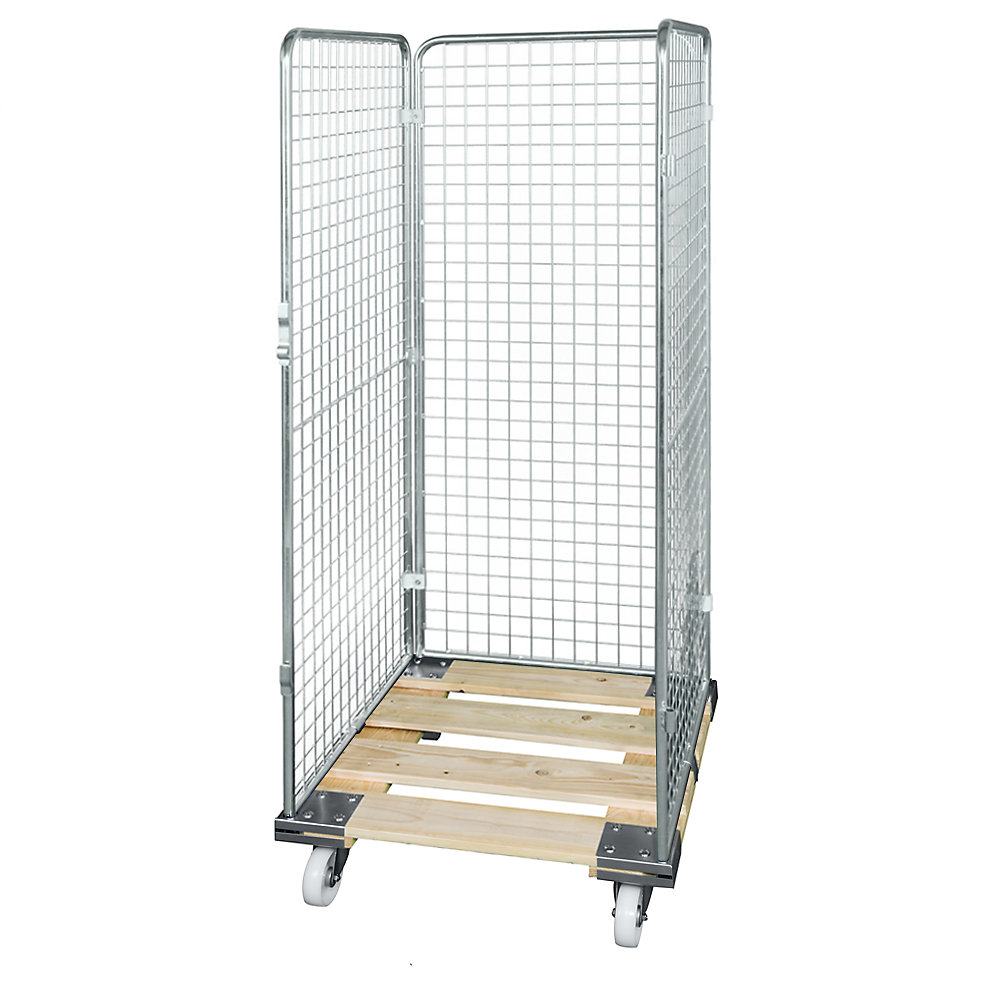 Roll-conteneur grillagé avec socle roulant en bois