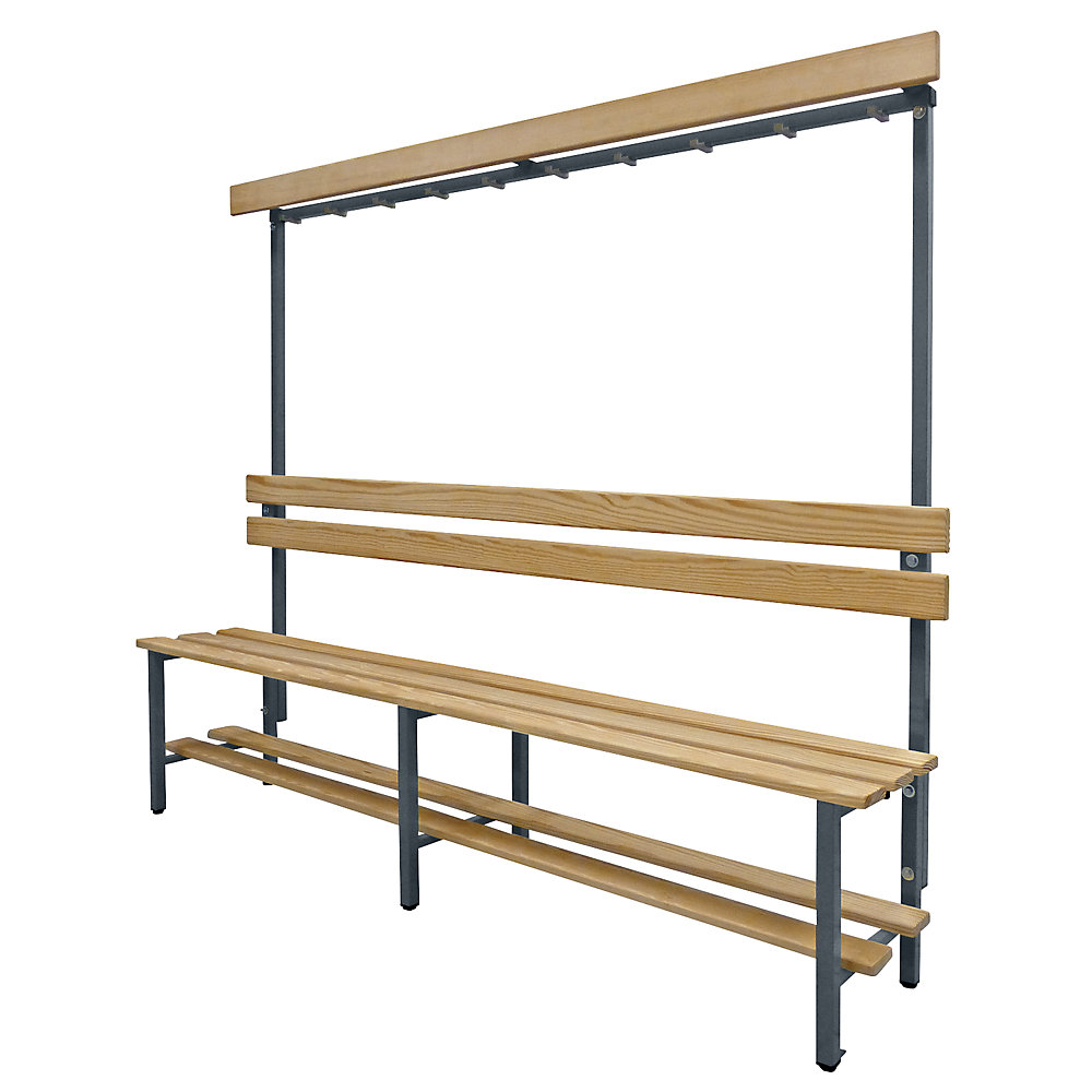 Banc pour vestiaires avec lattes en bois et rangée de patères