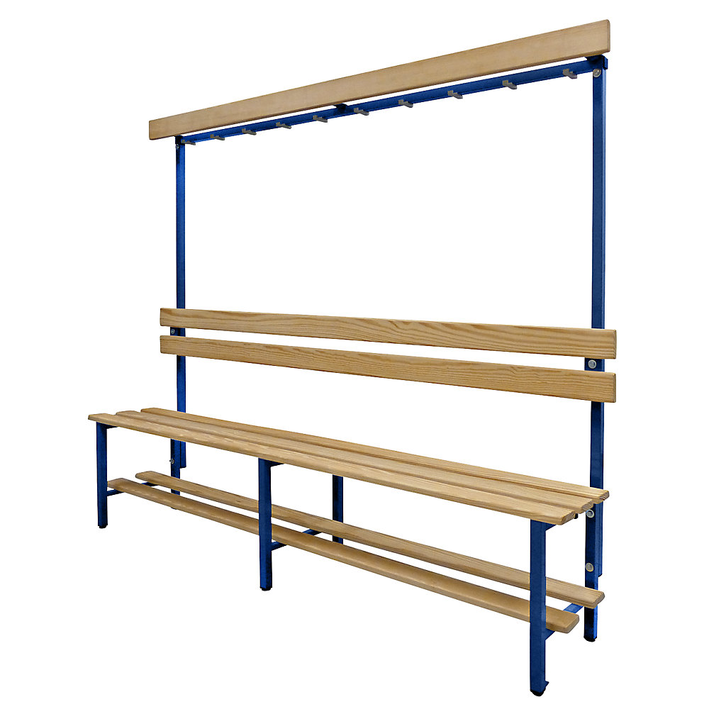 Banc pour vestiaires avec lattes en bois et rangée de patères