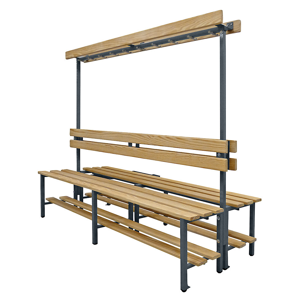 Banc pour vestiaires avec lattes en bois et rangée de patères