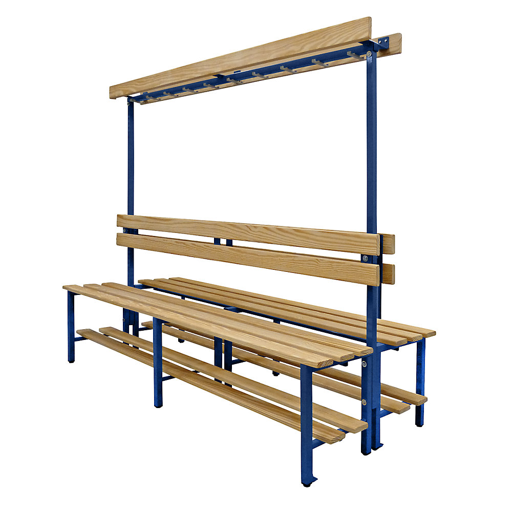 Banc pour vestiaires avec lattes en bois et rangée de patères