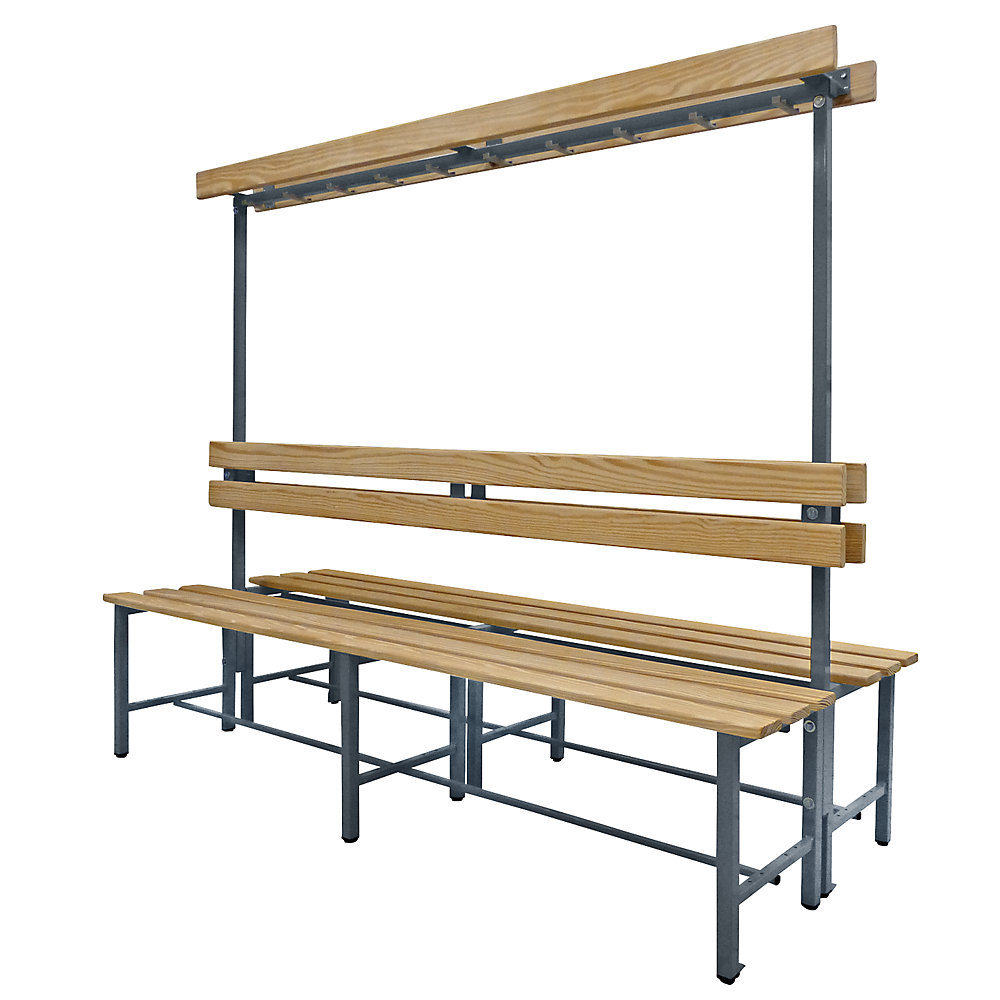 Banc pour vestiaires avec lattes en bois et rangée de patères