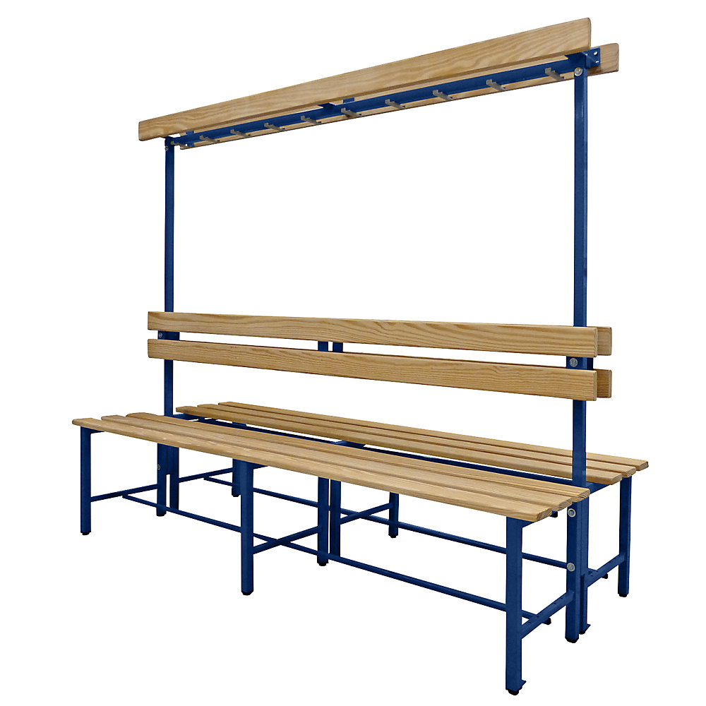 Banc pour vestiaires avec lattes en bois et rangée de patères