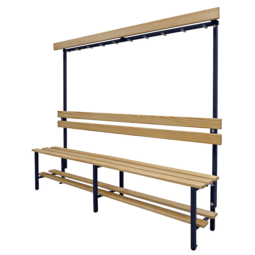 Banc pour vestiaires avec lattes en bois et rangée de patères