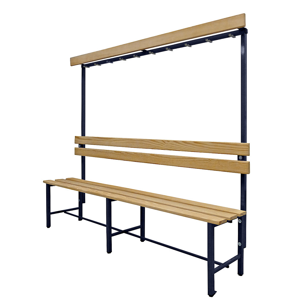 Banc pour vestiaires avec lattes en bois et rangée de patères
