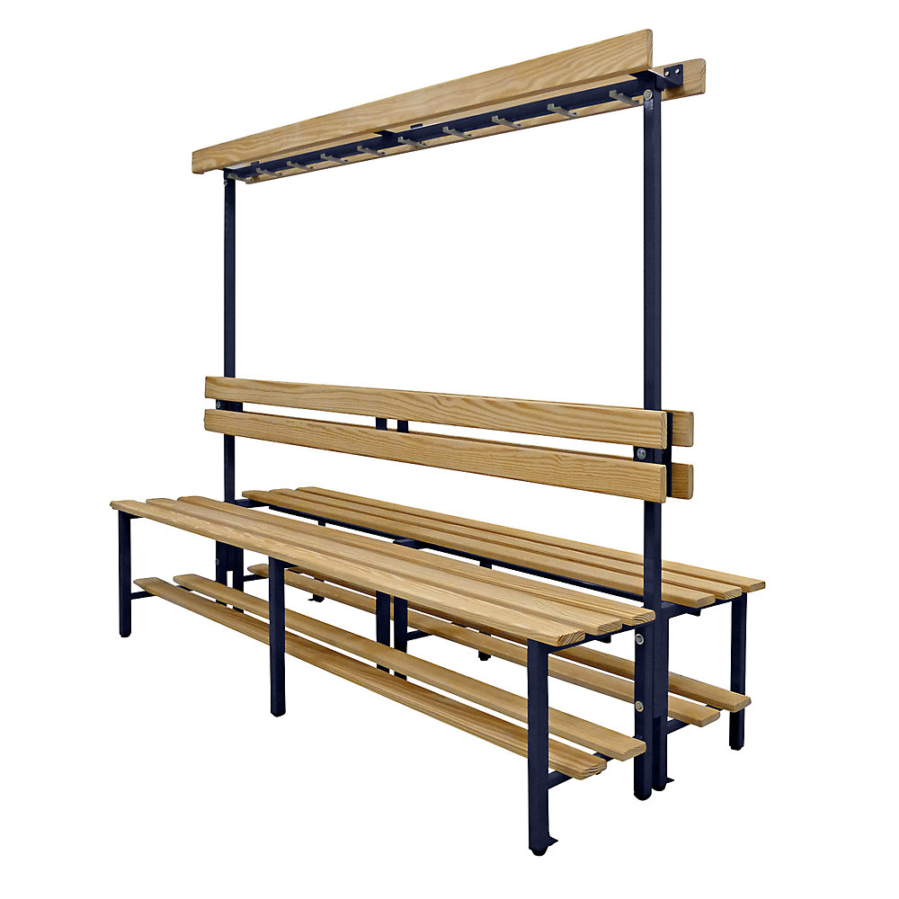 Banc pour vestiaires avec lattes en bois et rangée de patères