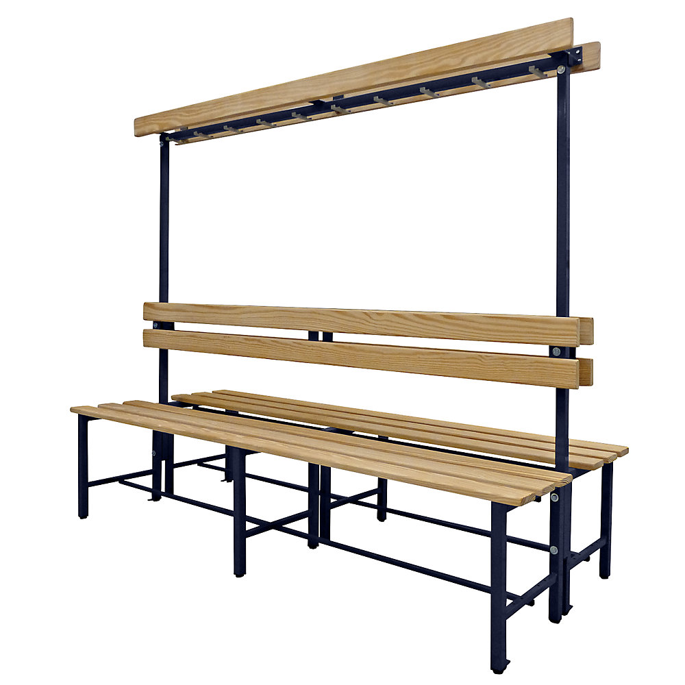 Banc pour vestiaires avec lattes en bois et rangée de patères