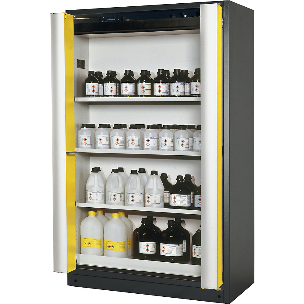 asecos Q-PHOENIX fire resistant cupboard with folding door for hazardous goods type 90, with 3 shelves, door colour yellow