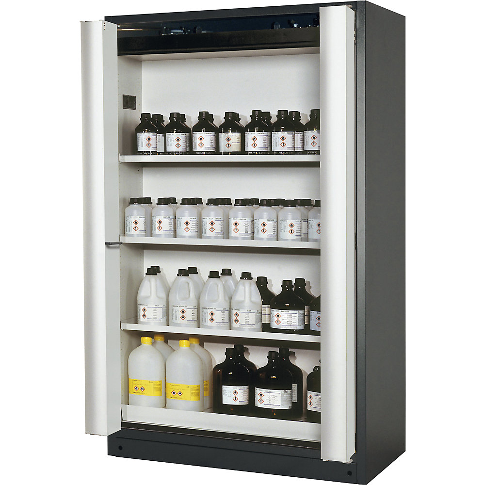 asecos Q-PHOENIX fire resistant cupboard with folding door for hazardous goods type 90, with 3 shelves, door colour grey