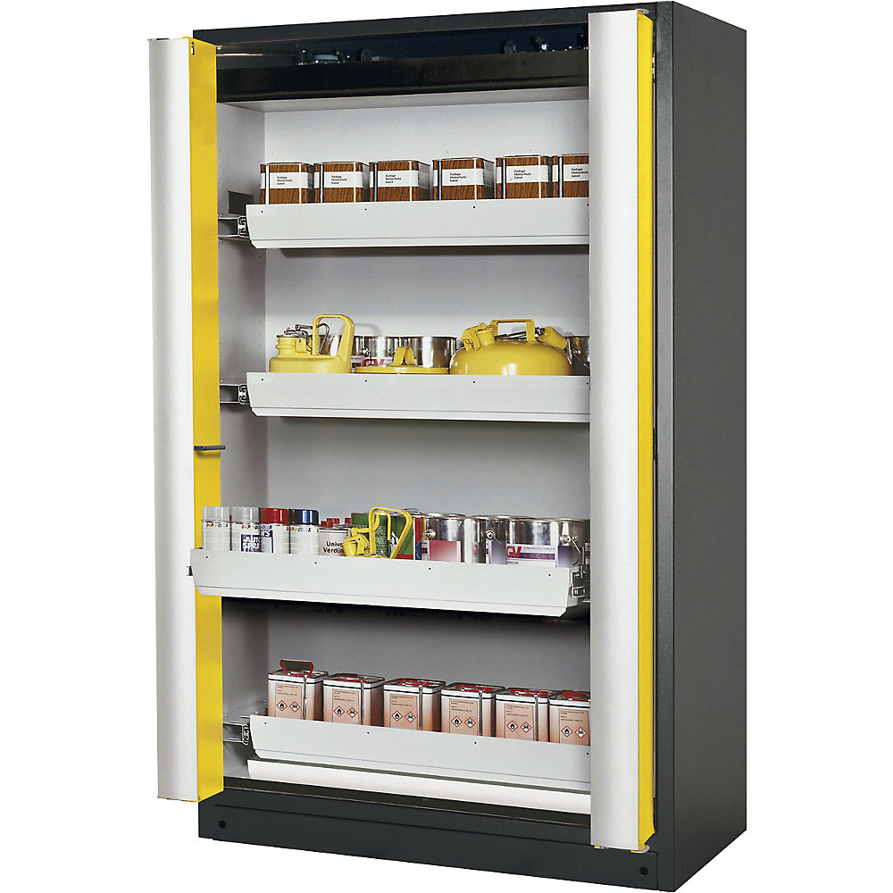 asecos Q-PHOENIX fire resistant cupboard with folding door for hazardous goods type 90, with 4 drawers, door colour yellow