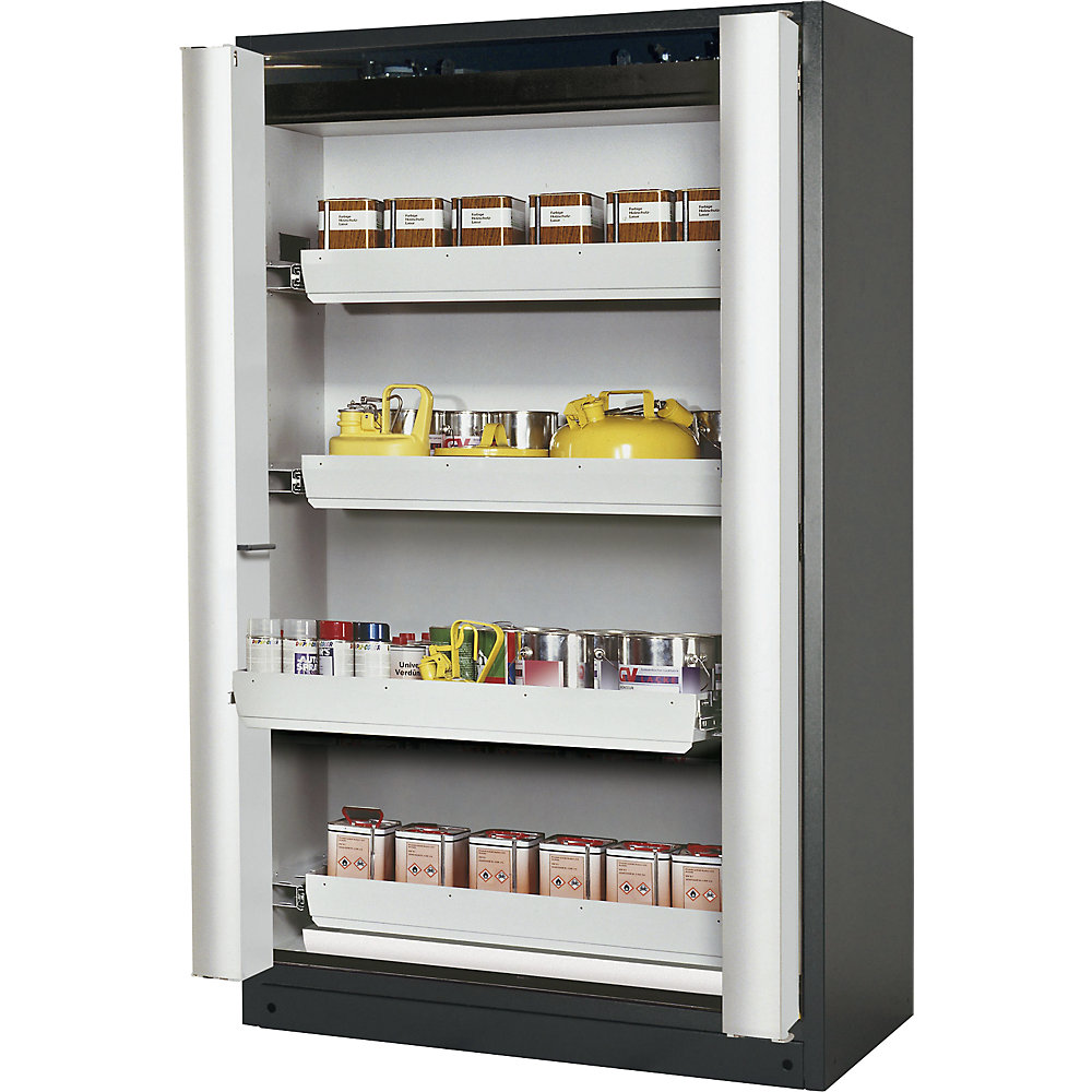 asecos Q-PHOENIX fire resistant cupboard with folding door for hazardous goods type 90, with 4 drawers, door colour grey