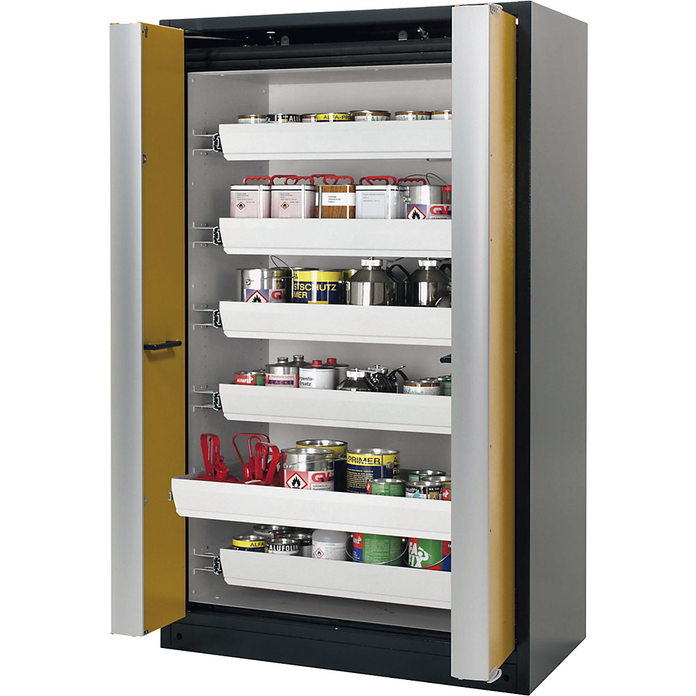 asecos Q-PHOENIX fire resistant cupboard with folding door for hazardous goods type 90, with 6 drawers, door colour yellow