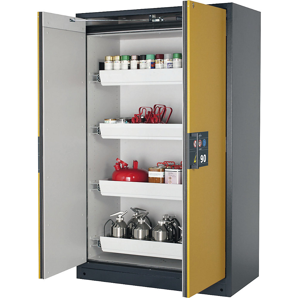 asecos Q-PEGASUS fire resistant double door cupboard for hazardous goods type 90, with 4 drawers, door colour yellow