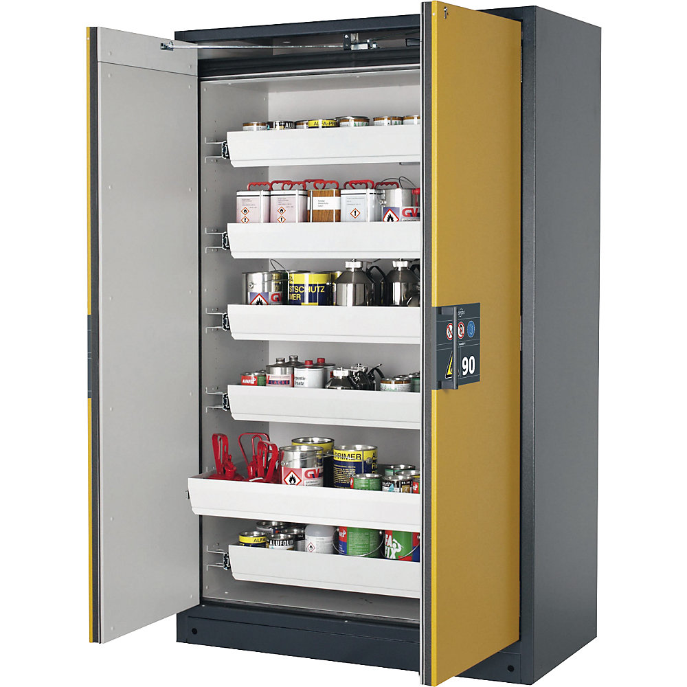 asecos Q-PEGASUS fire resistant double door cupboard for hazardous goods type 90, with 6 drawers, door colour yellow