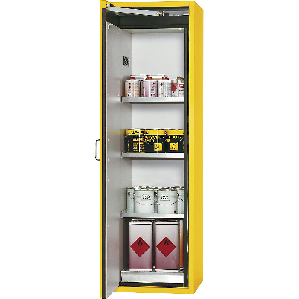 asecos Fire resistant hazardous goods storage cupboard, type 90, 1 door, external HxWxD 1968 x 600 x 615 mm, yellow, stainless steel