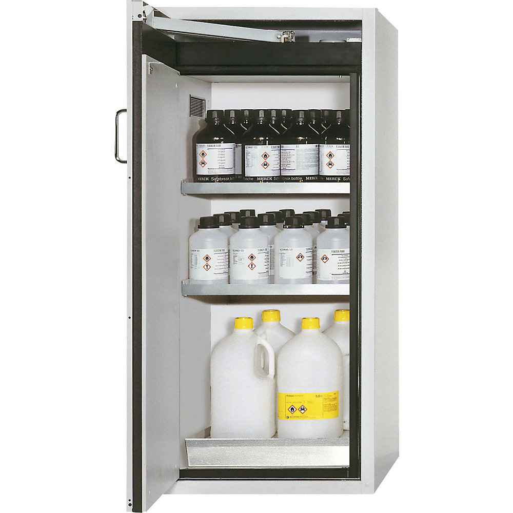 asecos Fire resistant hazardous goods storage cupboard, type 90, 1 door, external HxWxD 1298 x 600 x 615 mm, grey, stainless steel