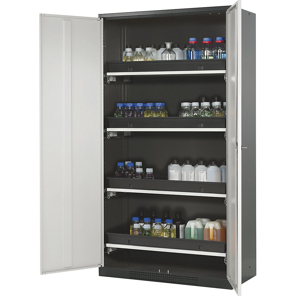 asecos Laboratory chemical storage cupboard, 2 door, tall, 4 drawers, without vision panel, grey