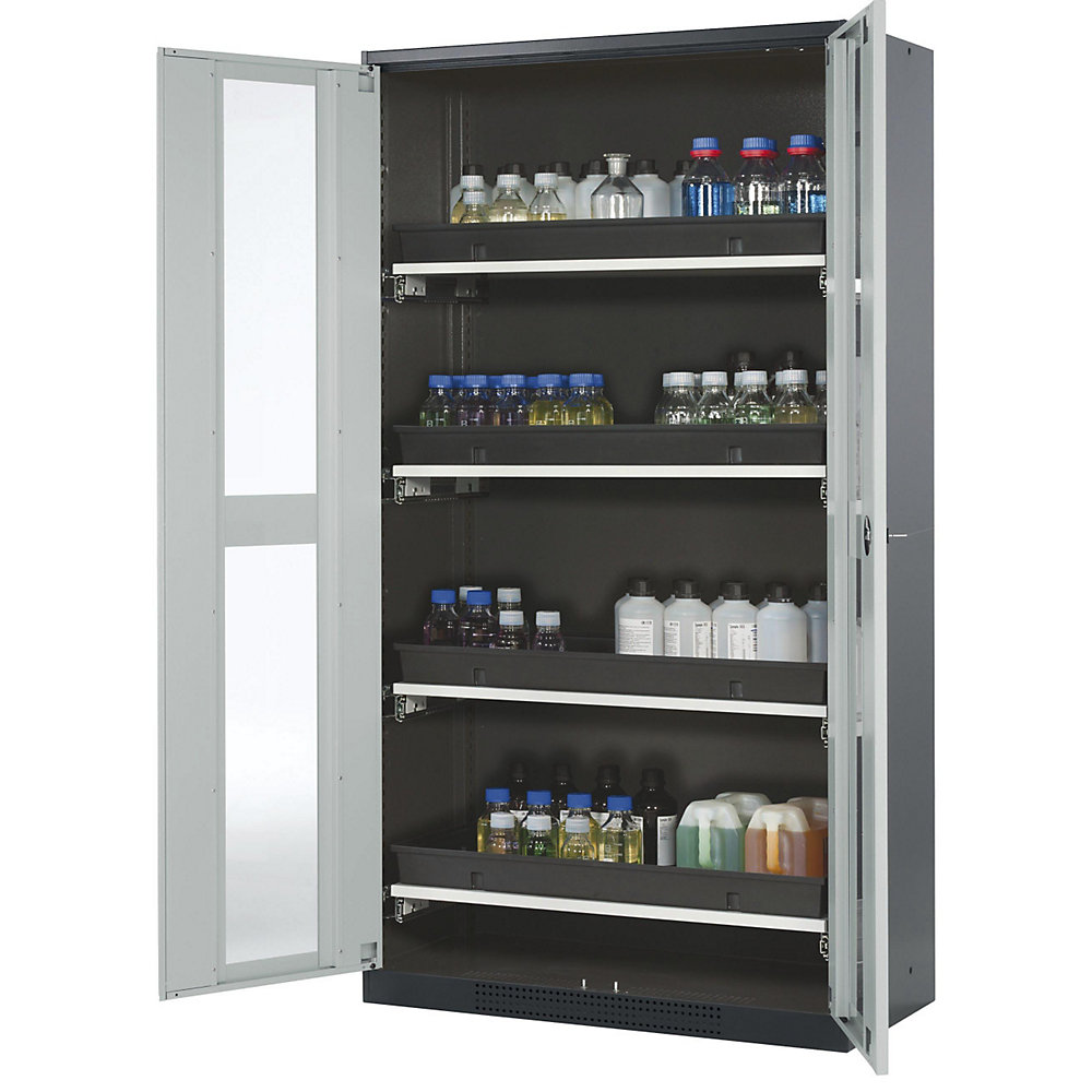 asecos Laboratory chemical storage cupboard, 2 door, tall, 4 drawers, with vision panel, grey