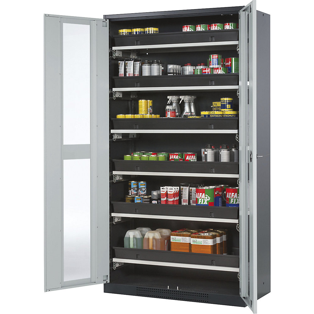 asecos Laboratory chemical storage cupboard, 2 door, tall, 6 drawers, with vision panel, grey
