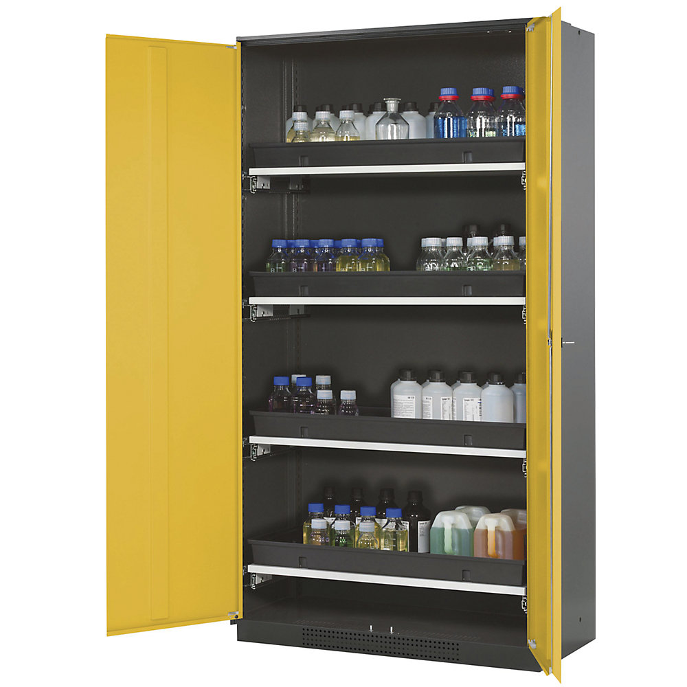 asecos Laboratory chemical storage cupboard, 2 door, tall, 4 drawers, without vision panel, yellow