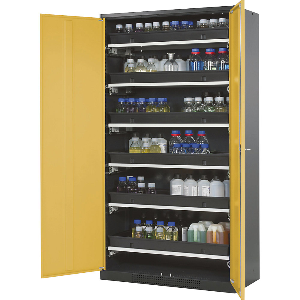 asecos Laboratory chemical storage cupboard, 2 door, tall, 6 drawers, without vision panel, yellow