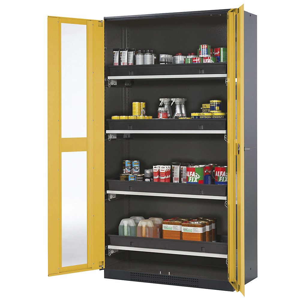 asecos Laboratory chemical storage cupboard, 2 door, tall, 4 drawers, with vision panel, yellow