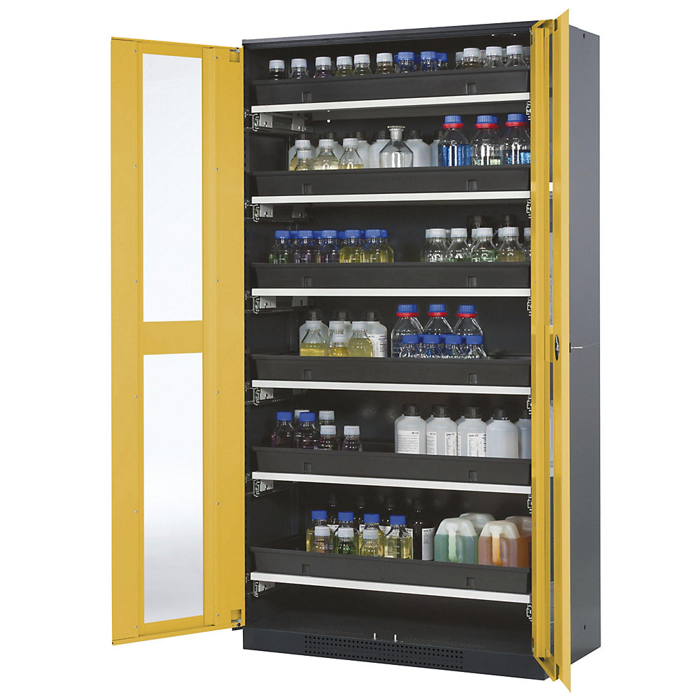 asecos Laboratory chemical storage cupboard, 2 door, tall, 6 drawers, with vision panel, yellow