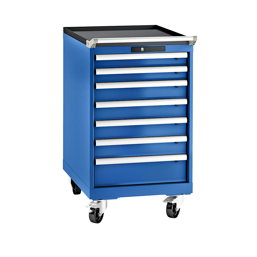 LISTA Armoire à tiroirs en tôle d'acier, h x l 990 x 564 mm, 7 tiroirs, mobile, bleu gentiane