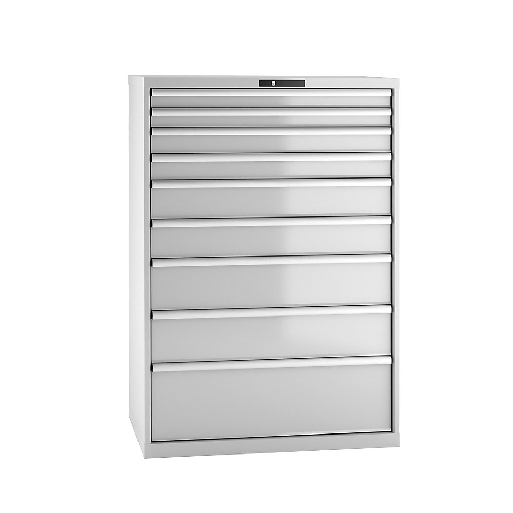 LISTA Armoire à tiroirs en tôle d'acier, h x l 1450 x 1023 mm, 9 tiroirs, charge max. 75 kg, gris clair