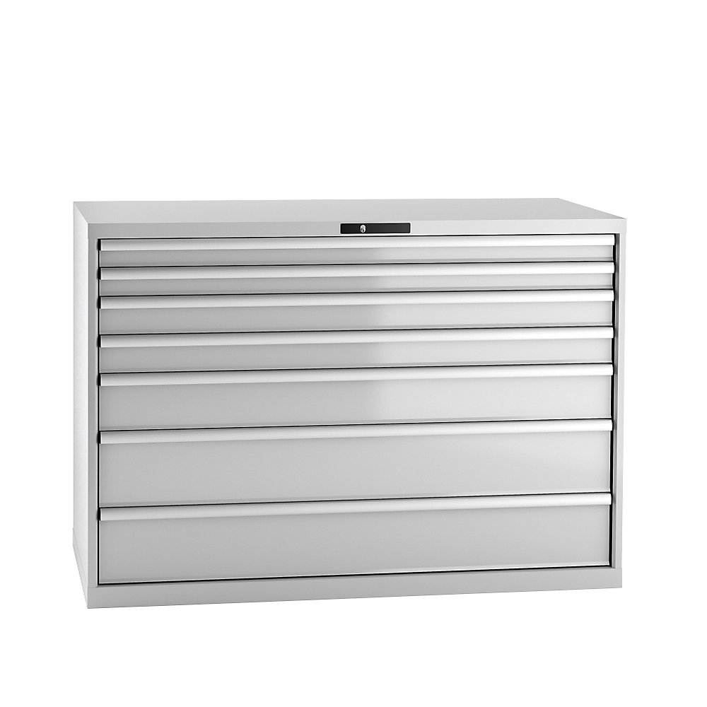 LISTA Armoire à tiroirs en tôle d'acier, h x l 1000 x 1431 mm, 7 tiroirs, charge max. 75 kg, gris clair
