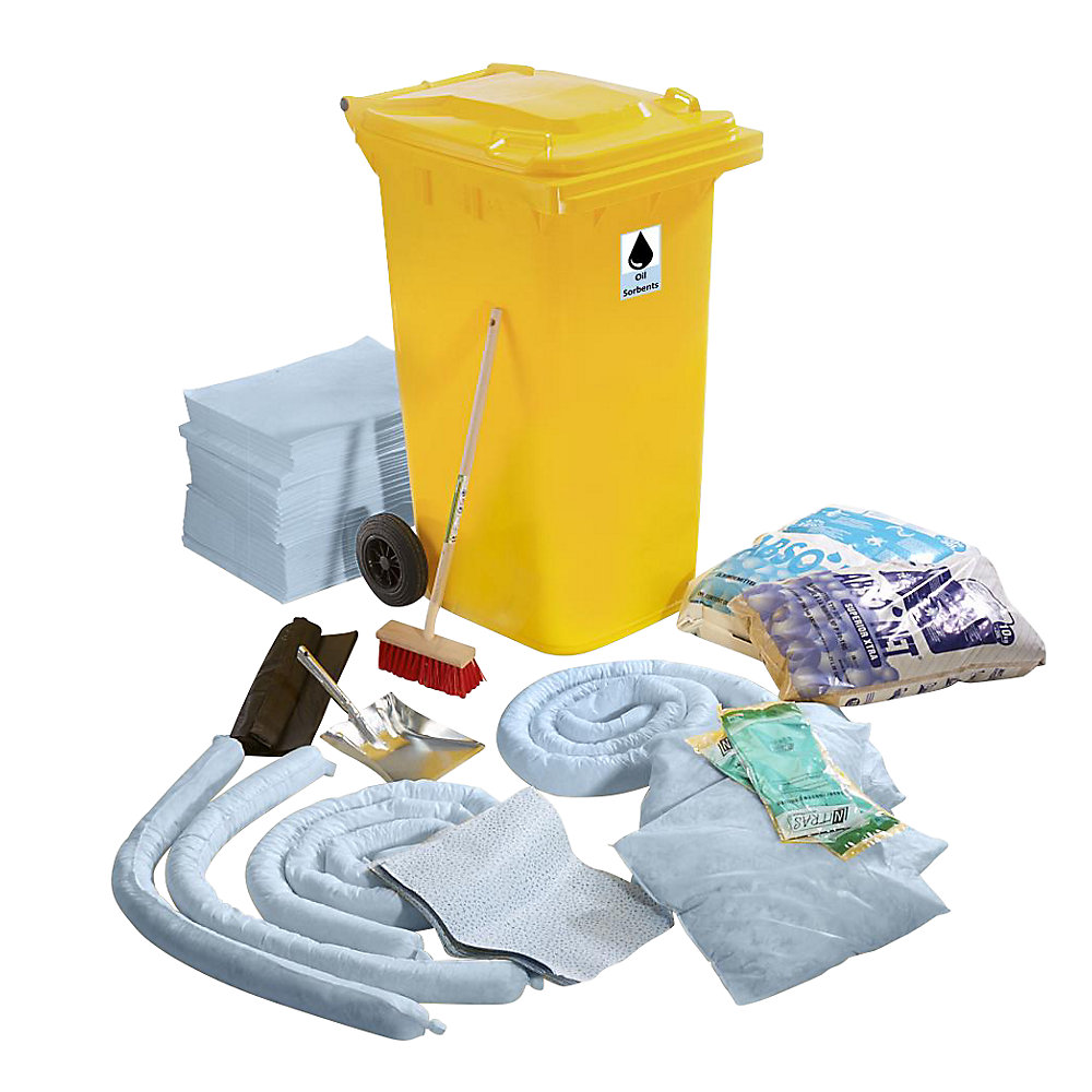 Kit d'urgence anti-fuites, dans un conteneur en plastique, version huile