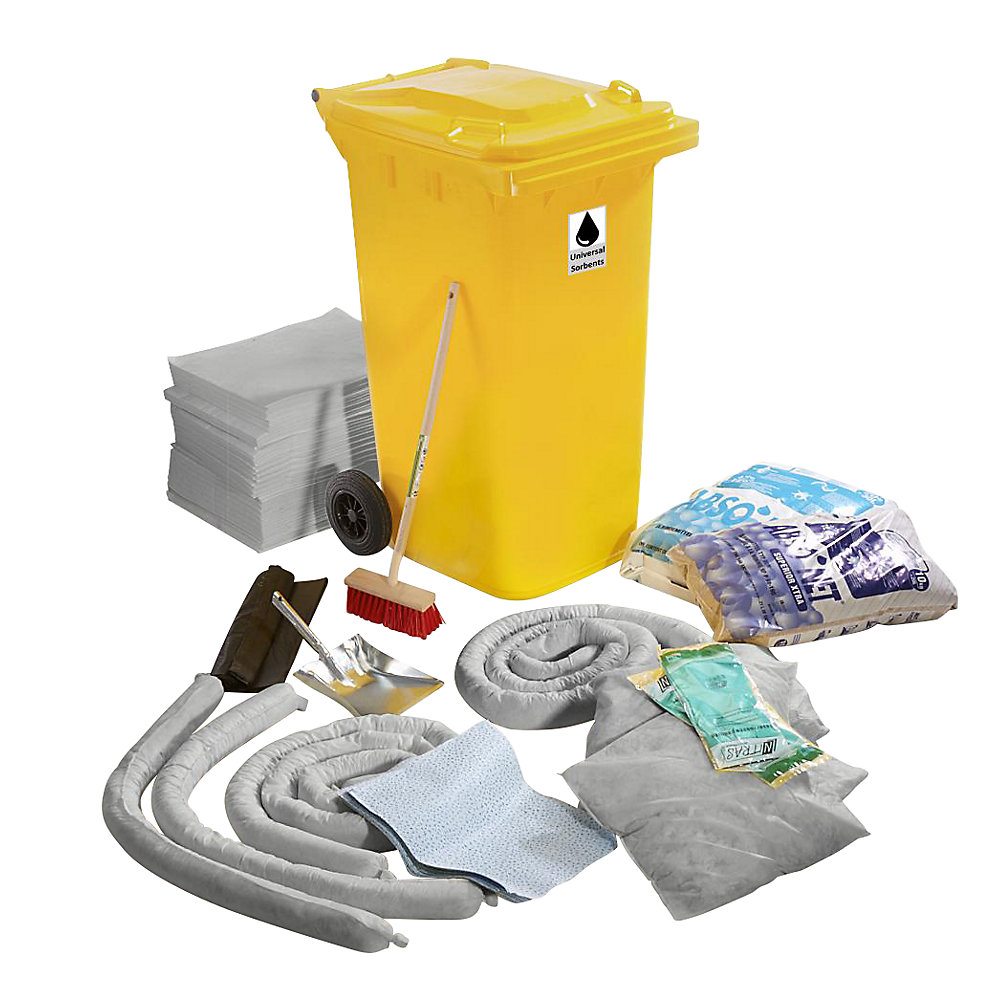 Kit d'urgence anti-fuites, dans un conteneur en plastique, version universelle