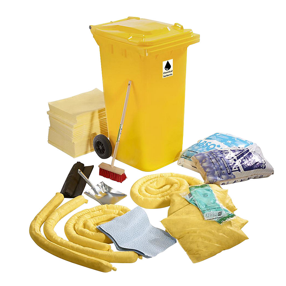 Kit d'urgence anti-fuites, dans un conteneur en plastique, version produits chimiques